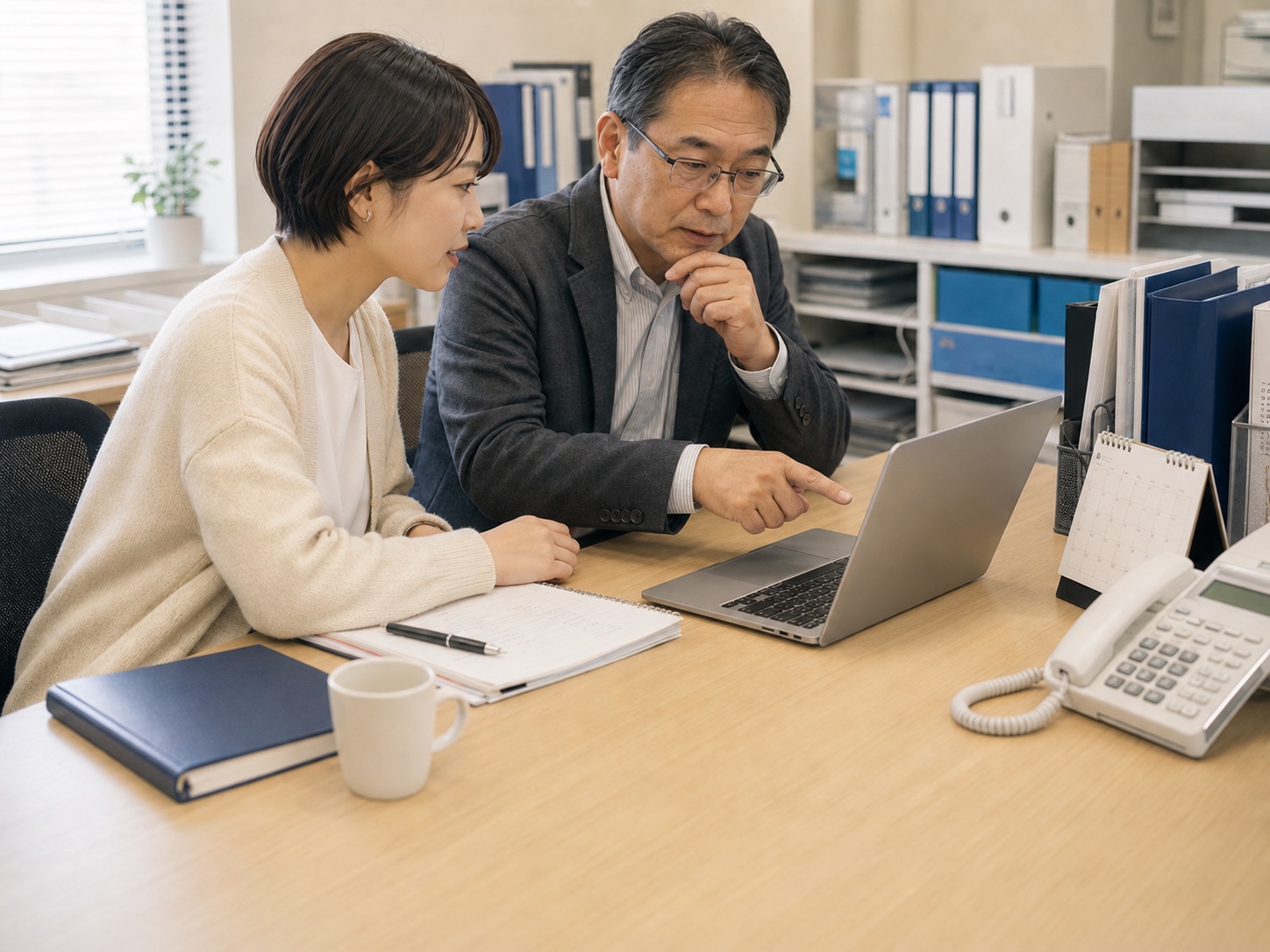 営業事務の担当者が問い合わせ内容をチームで確認する様子