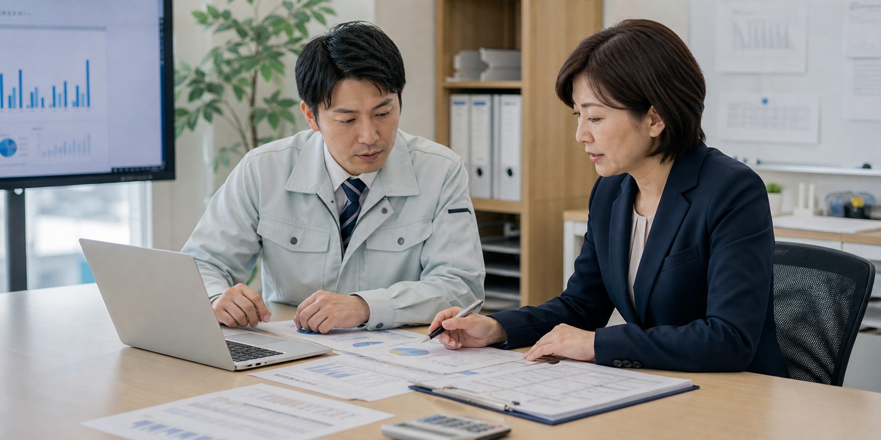 設備会社の担当者が月次レポートを見ながら運用状況を確認している様子