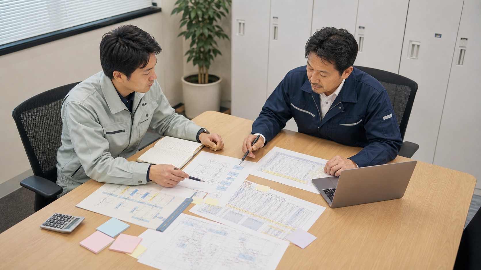 設備保守会社の担当者が業務フローと一覧表を見ながら改善業務を話し合っている様子
