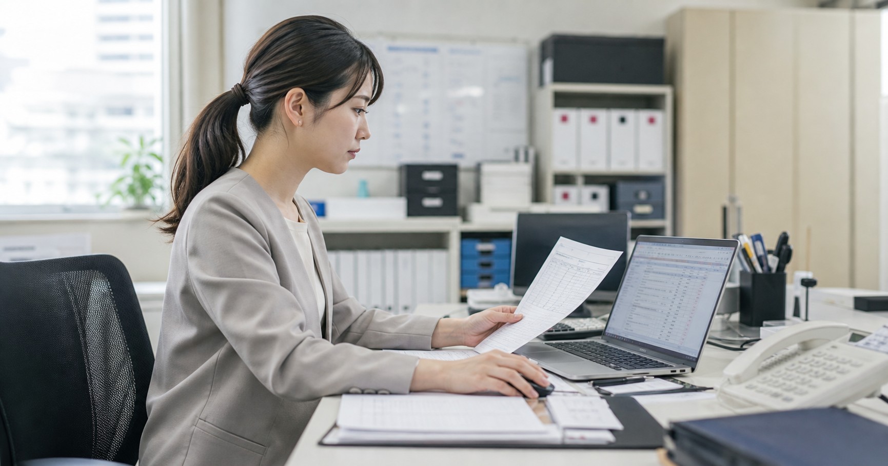 設備会社の事務担当者が管理表とチェックリストを見ながら確認フローを整えている様子