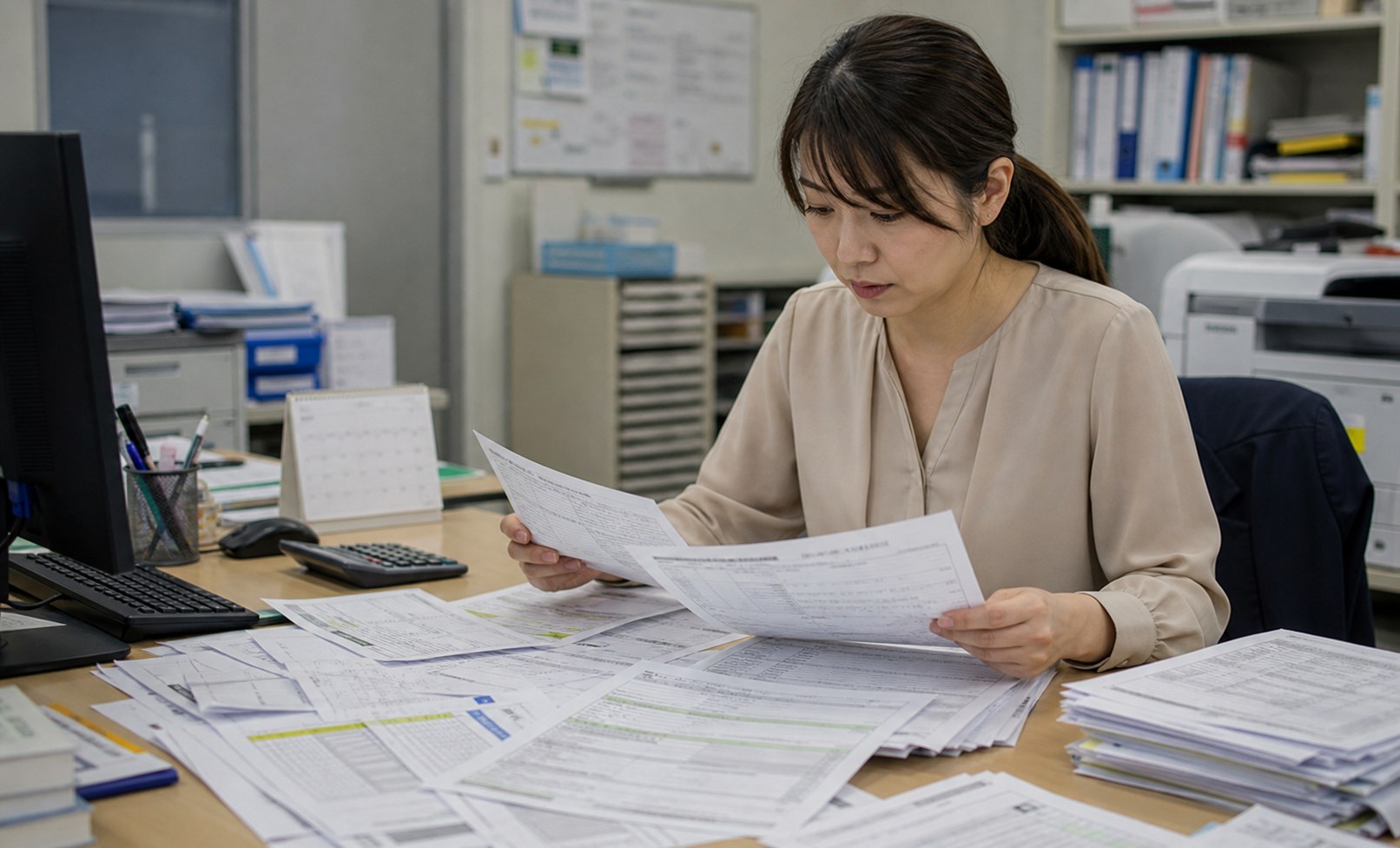 見積書や作業報告書を確認する設備会社の事務担当者