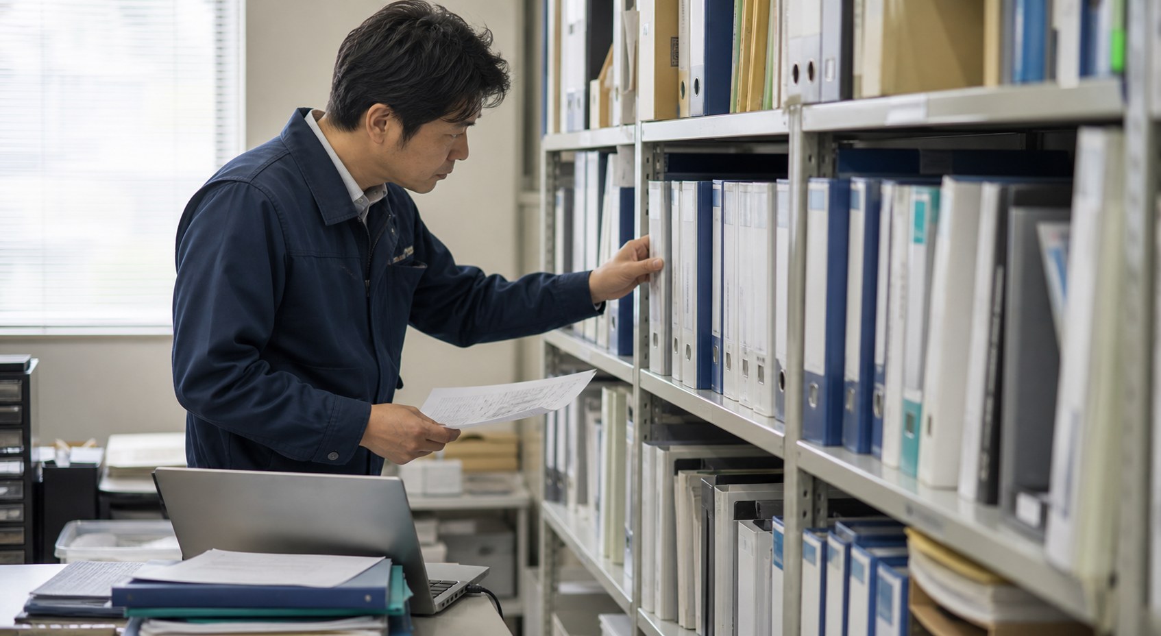 設備会社の担当者が資料棚から保守履歴のファイルを探している様子