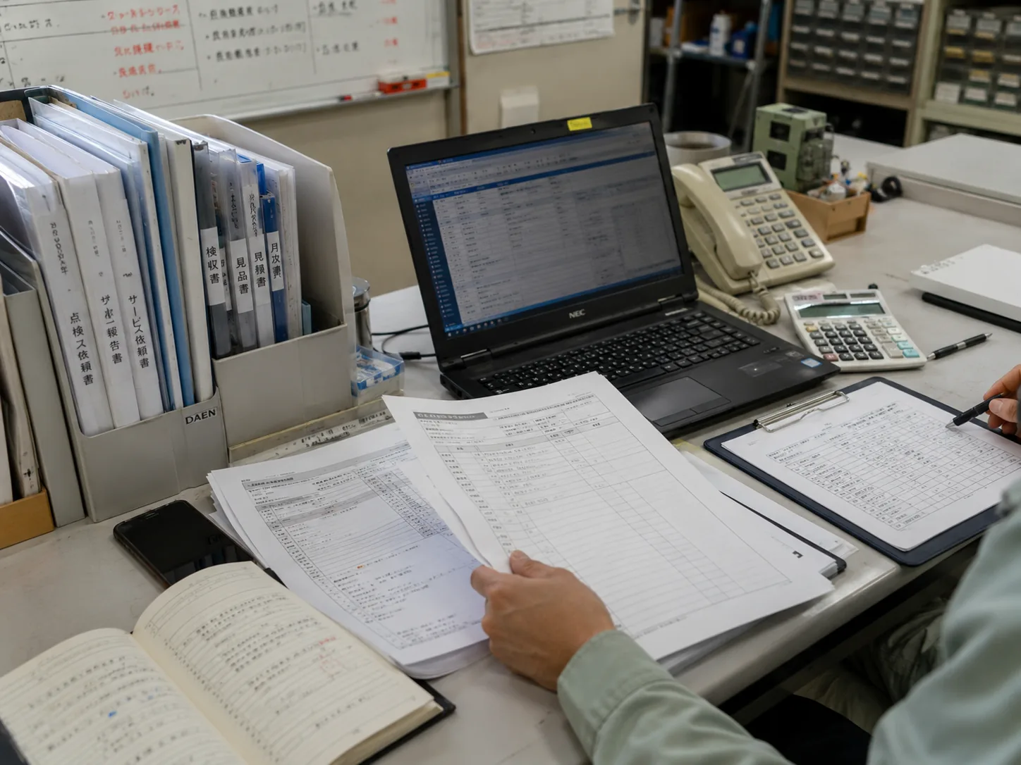 事務所で案件書類を確認する様子